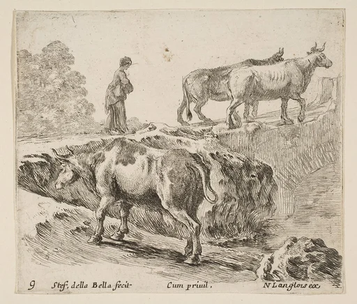 A cow ascending a bank, a peasant woman leading two cows across a bridge in background, plate 9 from "Diversi capricci"