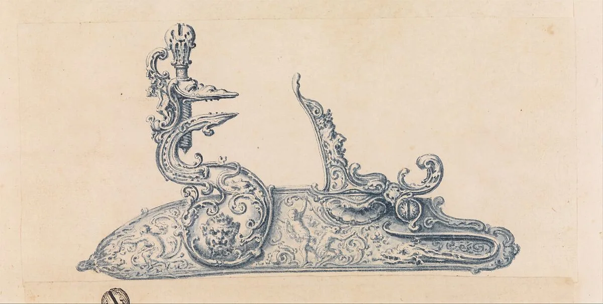 Drawing from an Ornament Scrapbook: A Flintlock Gun Lock — Unknown