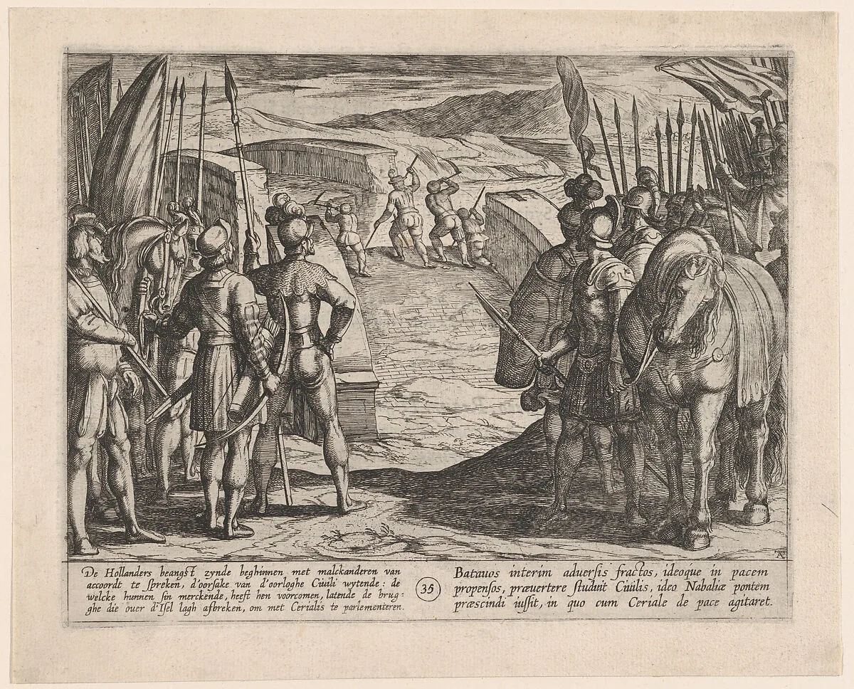 Plate 35: The Batavians Become Afraid and Begin Peace Talks, from The War of the Romans Against the Batavians — Antonio Tempesta|Otto van Veen