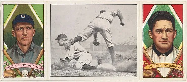 "Ty Cobb Steals Third," with James Austin and George T. Stovall, from the series Hassan Triple Folders (T202) — Hassan Cigarettes