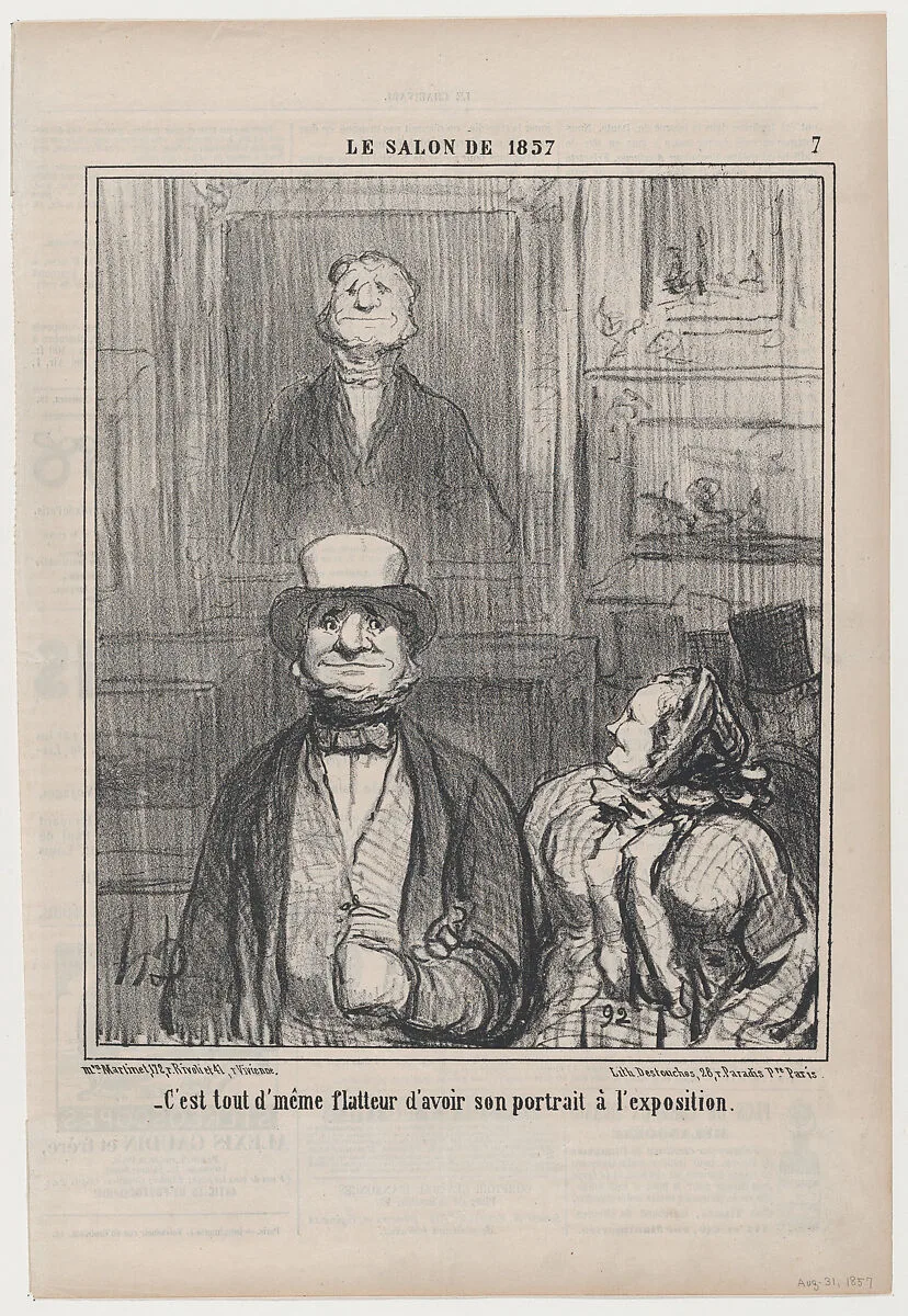 C'est tout d'même flatteur d'avoir son portrait à l'exposition, from Le Salon de 1857, published in Le Charivari, August 31, 1857 — Aaron Martinet|Honoré Daumier|Destouches