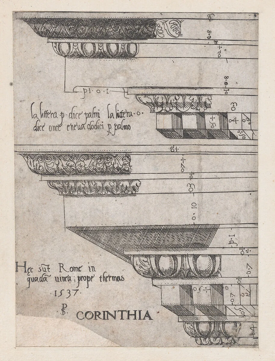 Speculum Romanae Magnificentiae: Corinthian entablature — Master PS|Jacques Prevost de Gray