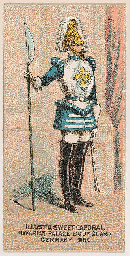 Bavarian Palace Bodyguard, Germany, 1880, from the Military Series (N224) issued by Kinney Tobacco Company to promote Sweet Caporal Cigarettes — Kinney Brothers Tobacco Company