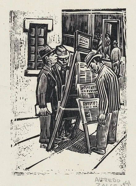 A group of men looking at a newspaper stand — Alfredo Zalce