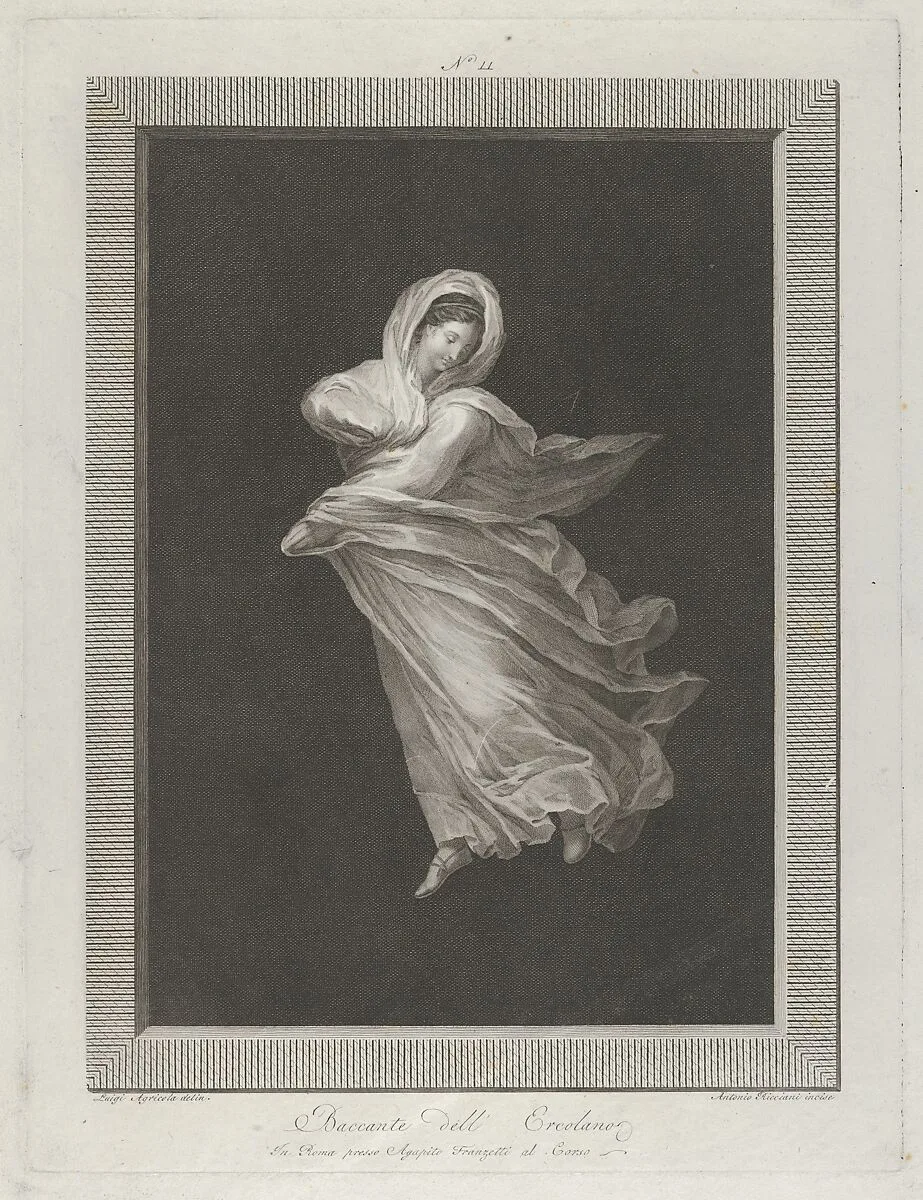 A bacchante wearing a flowing drapery, looking down, right arm bent and left arm outstretched, set against a black background inside a rectangular frame — Agapito Franzetti|Luigi Agricola|Antonio Ricciani