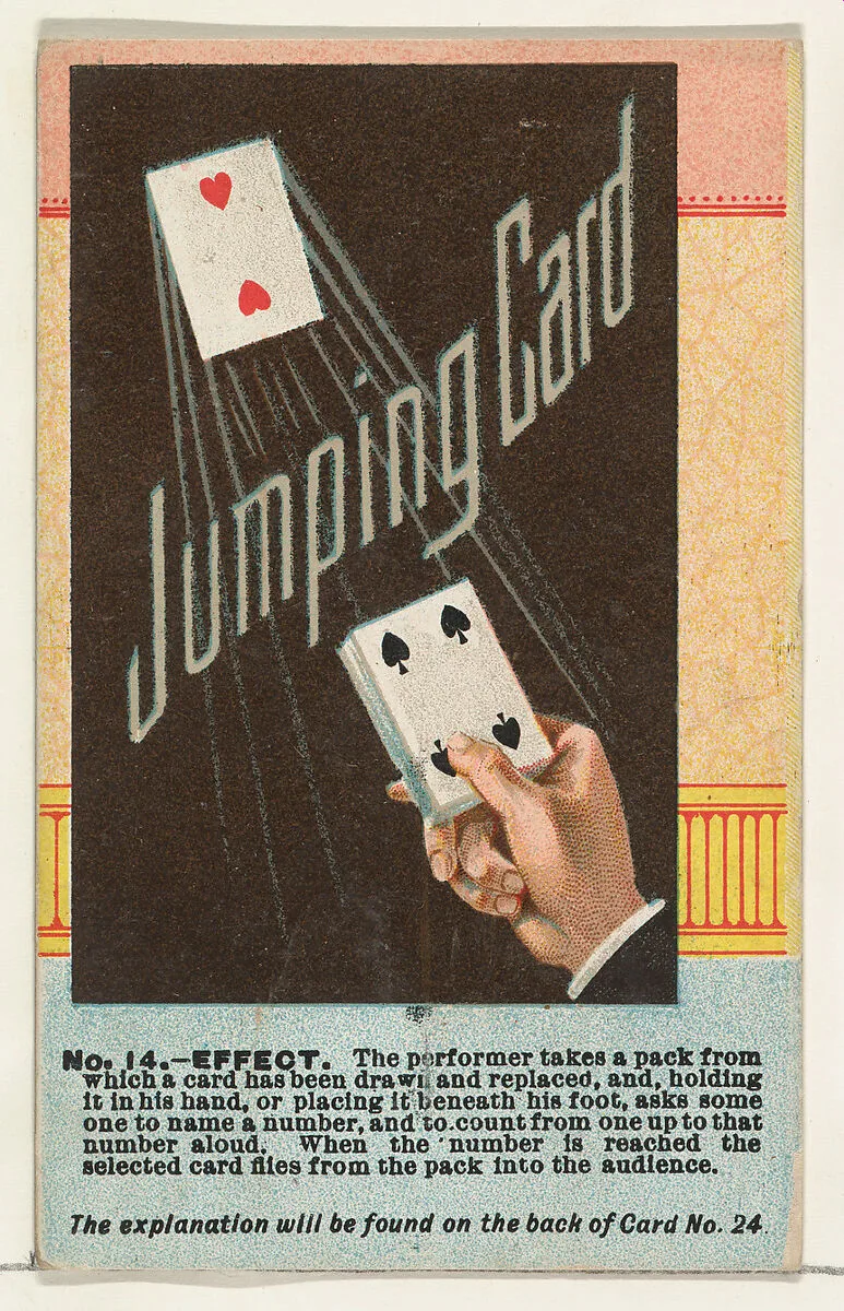 Number 14, Jumping Card, from the Tricks with Cards series (N138) issued by W. Duke, Sons & Co. to promote Honest Long Cut Tobacco — W. Duke, Sons & Co.|The Giles Company