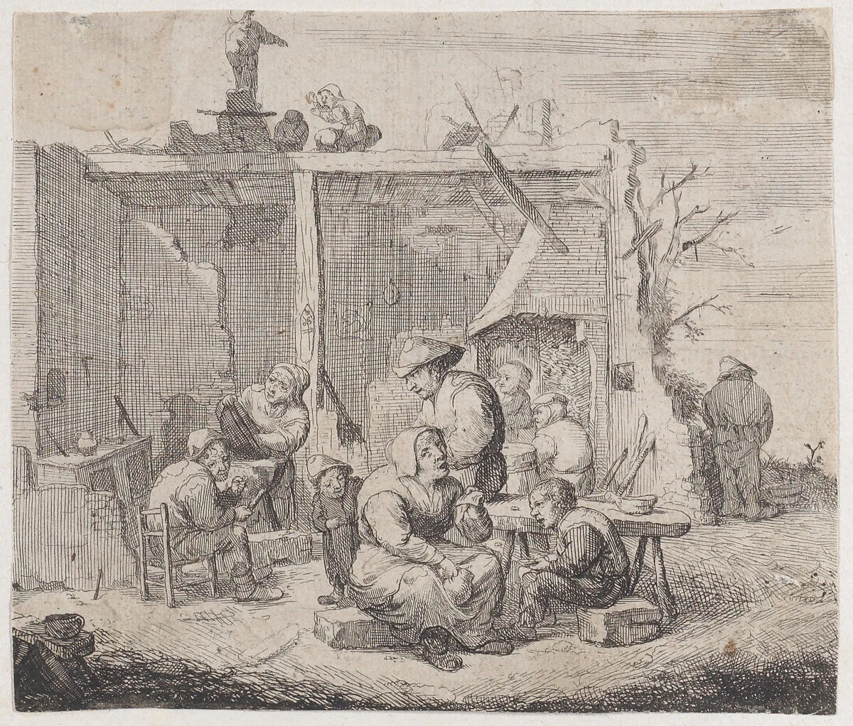 A dilapidated building with eight peasants engaged in various activities — Jacques Dassonville