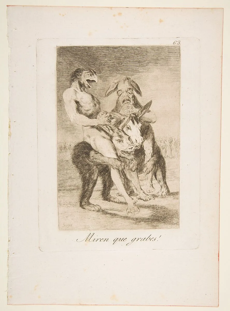 Plate 63 from "Los Caprichos": Look how solemn they are! (Miren que grabes!) — Goya (Francisco de Goya y Lucientes)