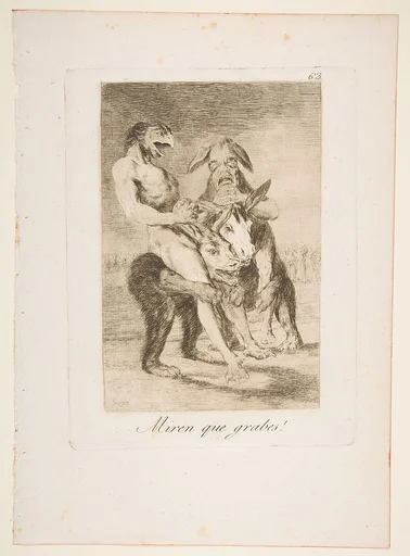 Plate 63 from "Los Caprichos": Look how solemn they are! (Miren que grabes!)