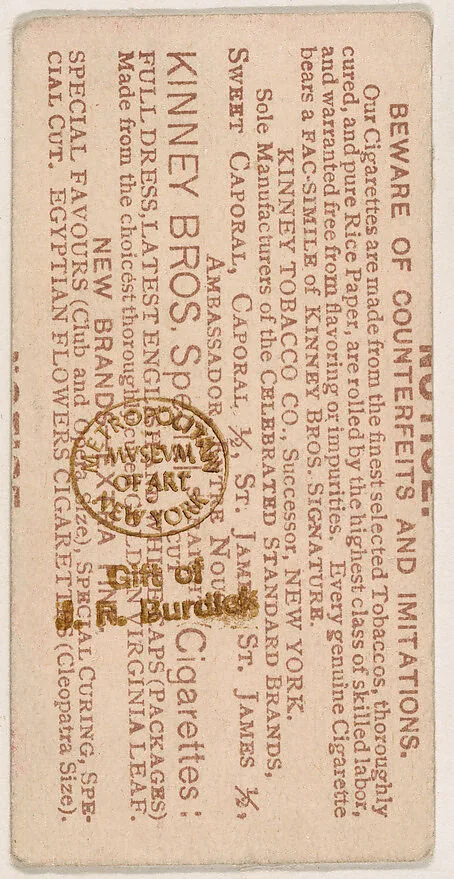 Example of one variety of card verso, from the Military Series (N224) issued by Kinney Tobacco Company to promote Sweet Caporal Cigarettes — Kinney Brothers Tobacco Company