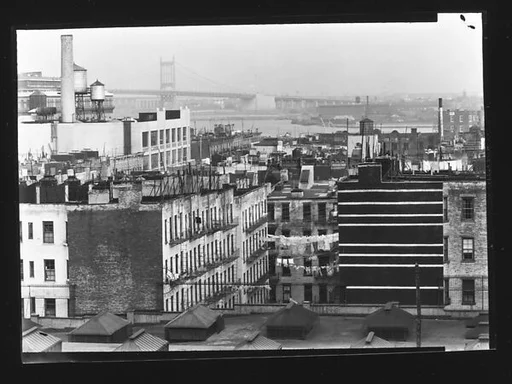 [View East of 93rd Street Buildings and Rooftops with Triborough Bridge and East River in Distance, New York City]
