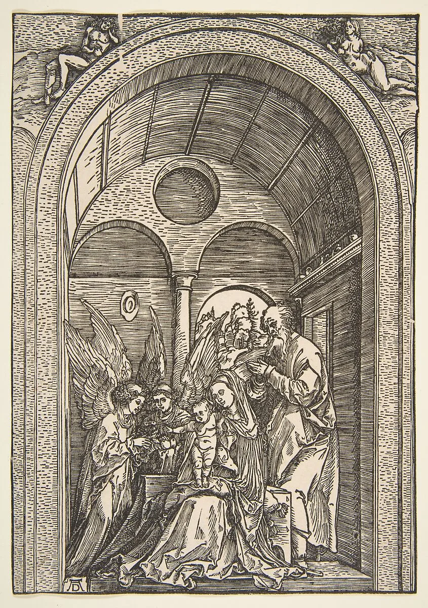 The Holy Family with Two Angels in a Vaulted Hall — Albrecht Dürer