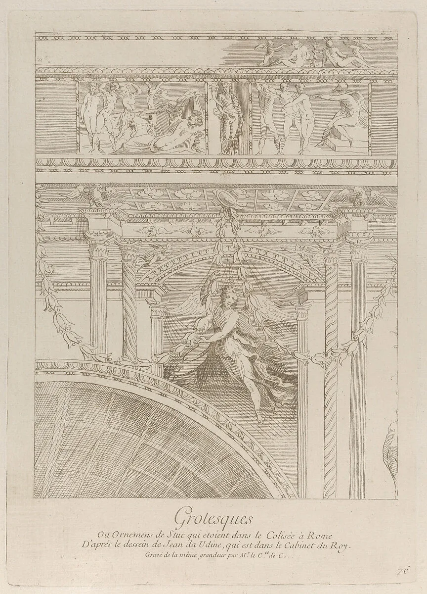 Grotesques: detail of the stucco reliefs decorating the Colosseum in Rome, with a winged figure hovering between two pairs of columns — Giovanni da Udine (Giovanni dei Ricamatori)|Anne Claude Philippe de Tubières, comte de Caylus
