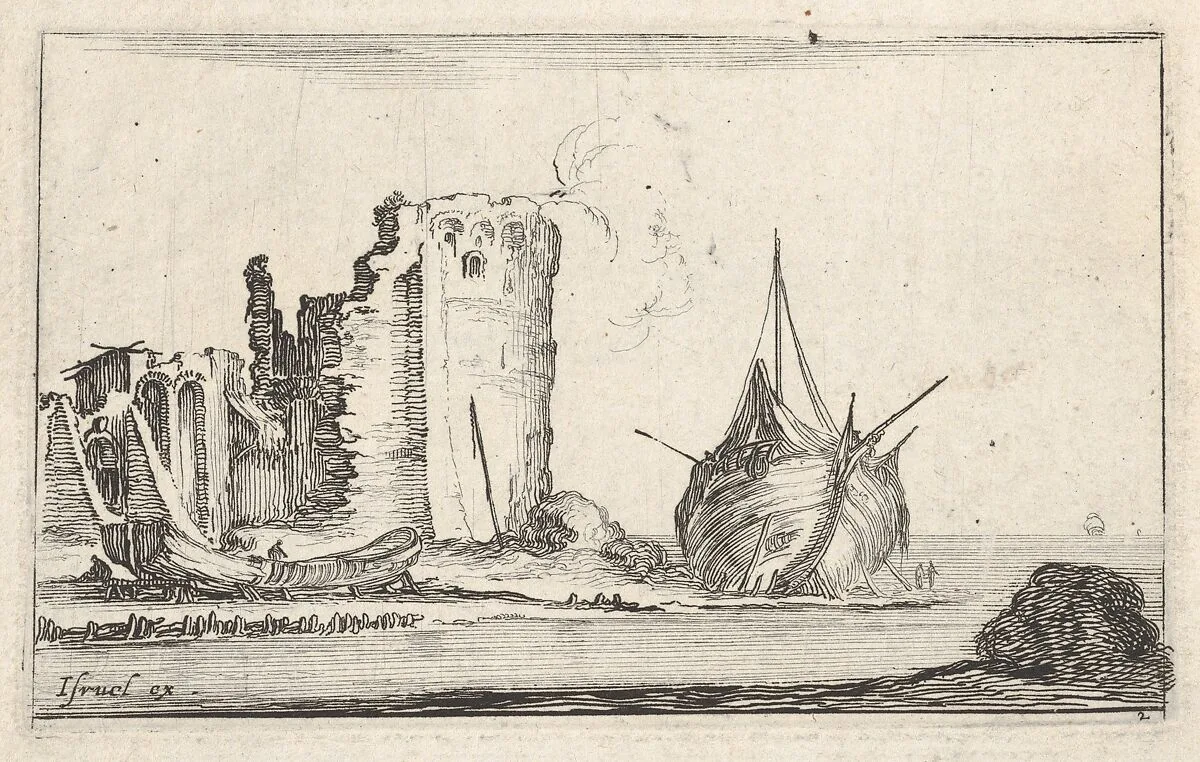 Plate 2: a ship at right and a rowboat at left, washed up on shore, a tower in ruins behind to left, from 'Caprice faict par de la Bella' — Stefano della Bella|Israël Henriet
