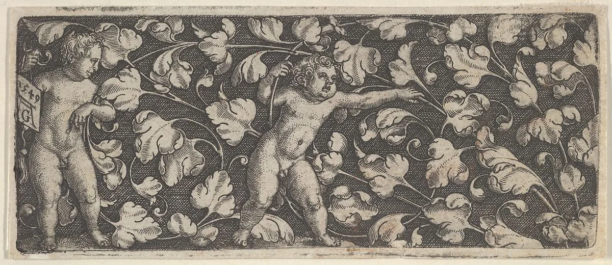 Horizontal Panel with Two Nude Boys Surrounded by Tendrils — Heinrich Aldegrever