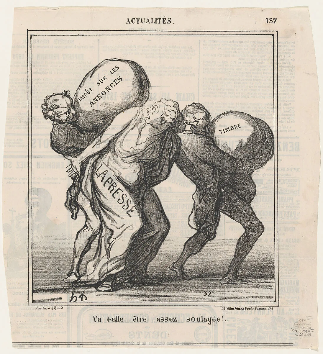 Will she be helped enough..., from 'News of the day,' published in Le Charivari, June 17, 1870 — Arnaud de Vresse|Honoré Daumier|Destouches