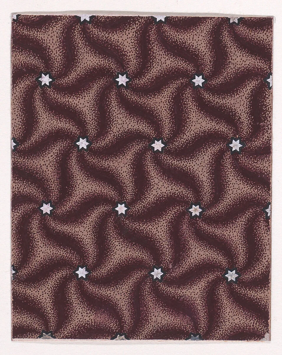 Textile Design with a Seamless Pattern of Swirls Decorated with Haxagrams over a Stippled Background — Anonymous, Alsatian, 19th century