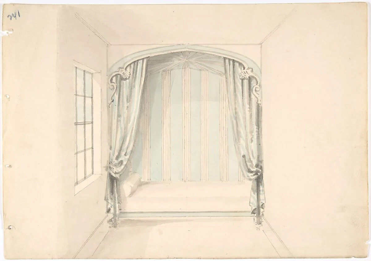 Design for a Canopied Bed with Pale Blue and White Hangings — Anonymous, British, 19th century