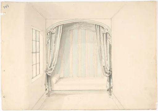 Design for a Canopied Bed with Pale Blue and White Hangings
