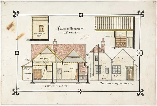 Bungalow drawing -- Eastern elevation and interior