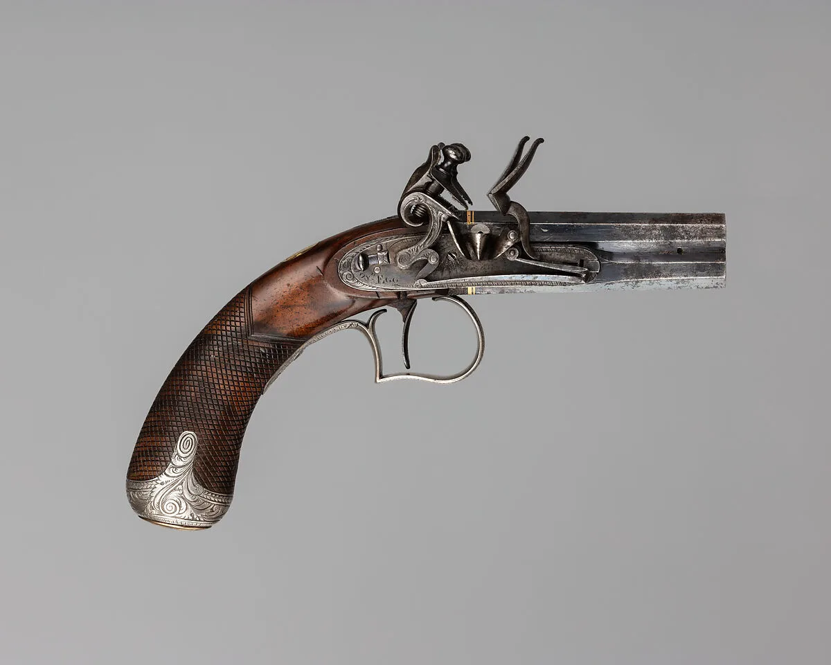 Over-and-Under Flintlock Pocket Pistol of the Hughes of Gwerclas Family with Case and Accessories — Joseph Egg