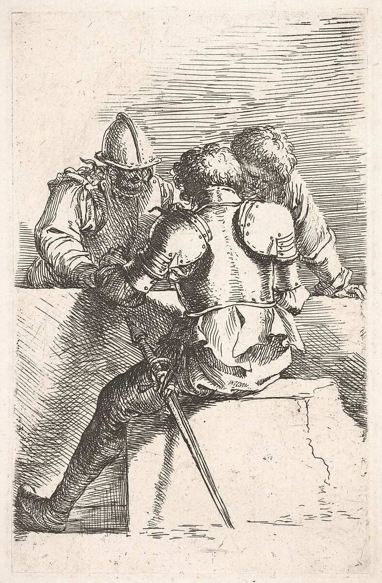 Three warriors conversing at a low wall, one with his back turned, from the series 'Figurine' — Salvator Rosa