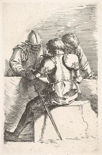 Three warriors conversing at a low wall, one with his back turned, from the series 'Figurine'