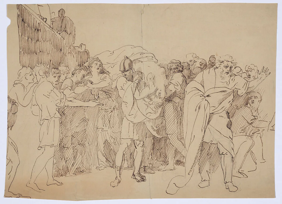 Classical Subject (Lucretia's Dead Body is Carried by her Husband, Lead by her Mourning Father) — John Hamilton Mortimer