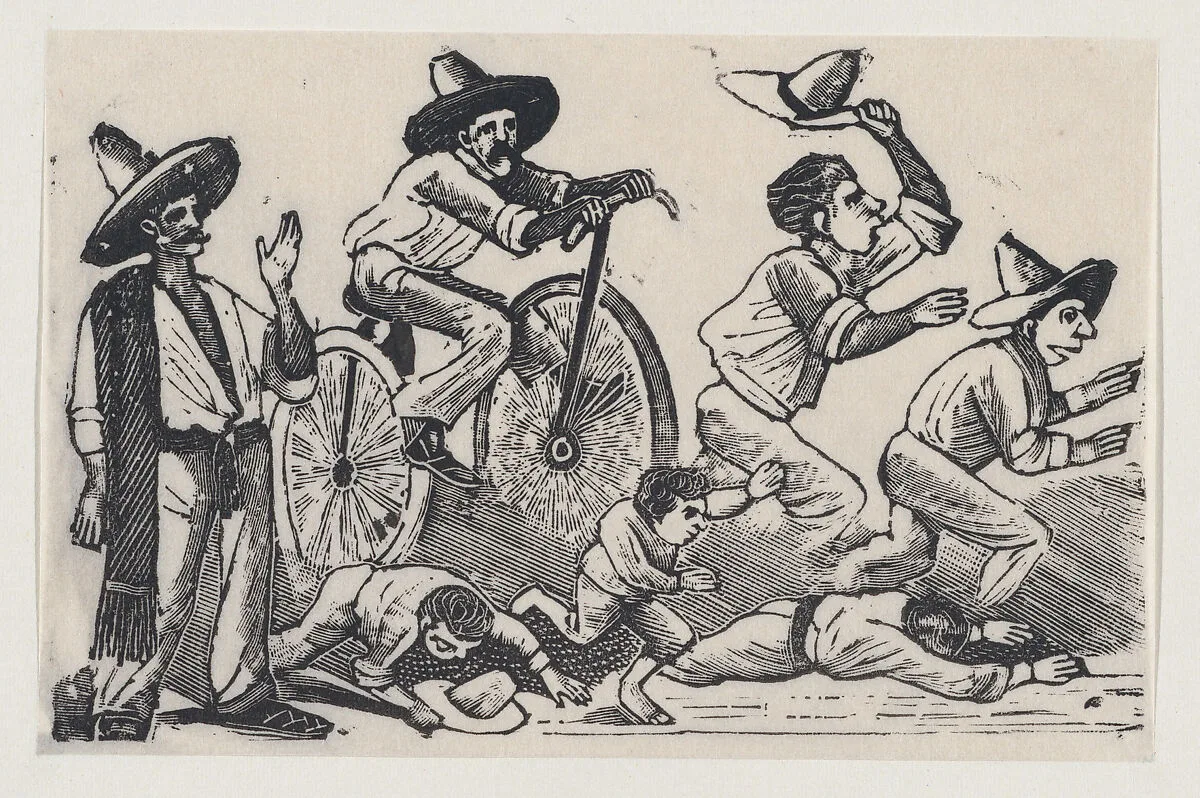 A man on a bicyle running over people, from a broadside entitled 'La Bicicleta' — José Guadalupe Posada