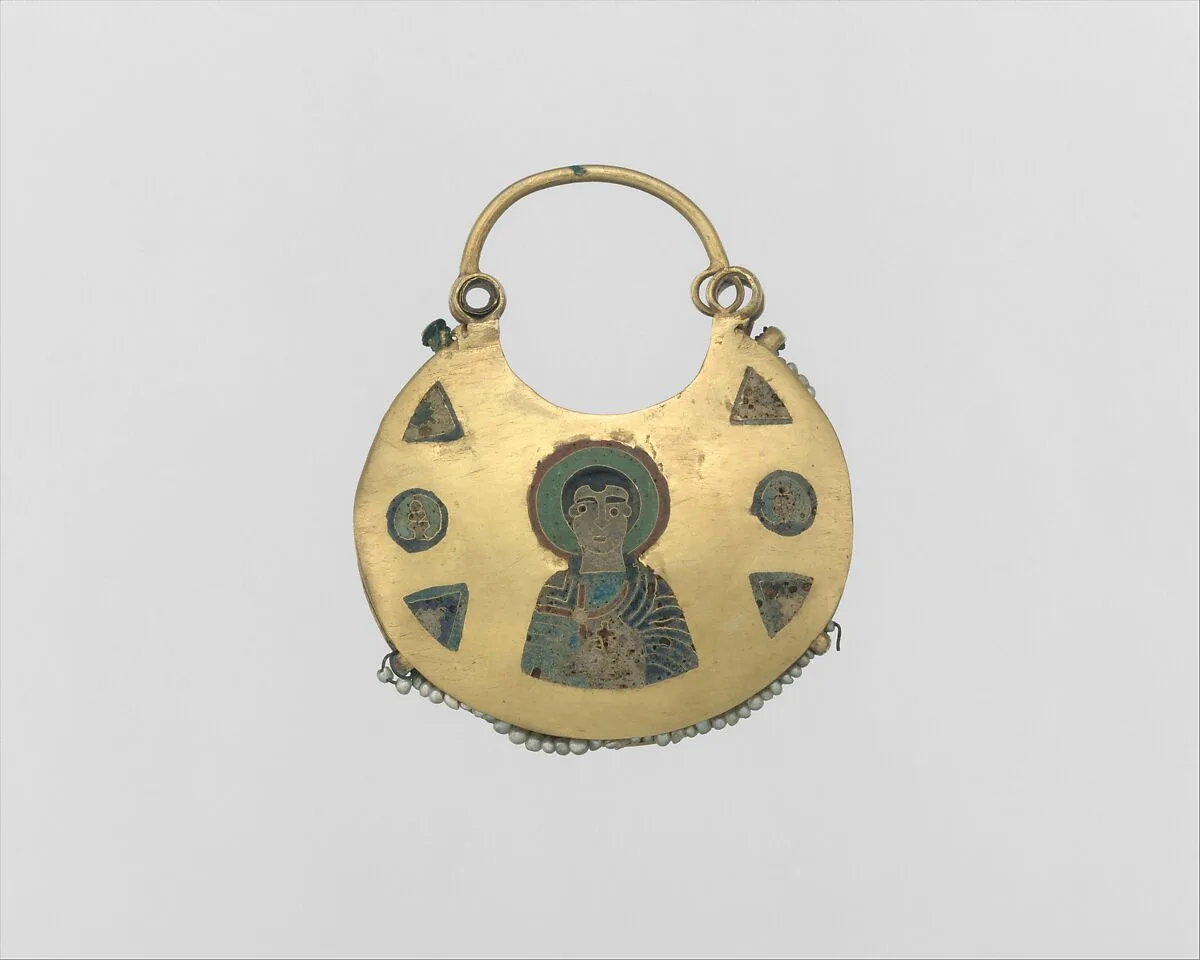 One of a Pair of Temple Pendants, with Busts of Male Saints Holding Martyr's Cross (front) and Leaf and Rosette Motifs (back) — Unknown