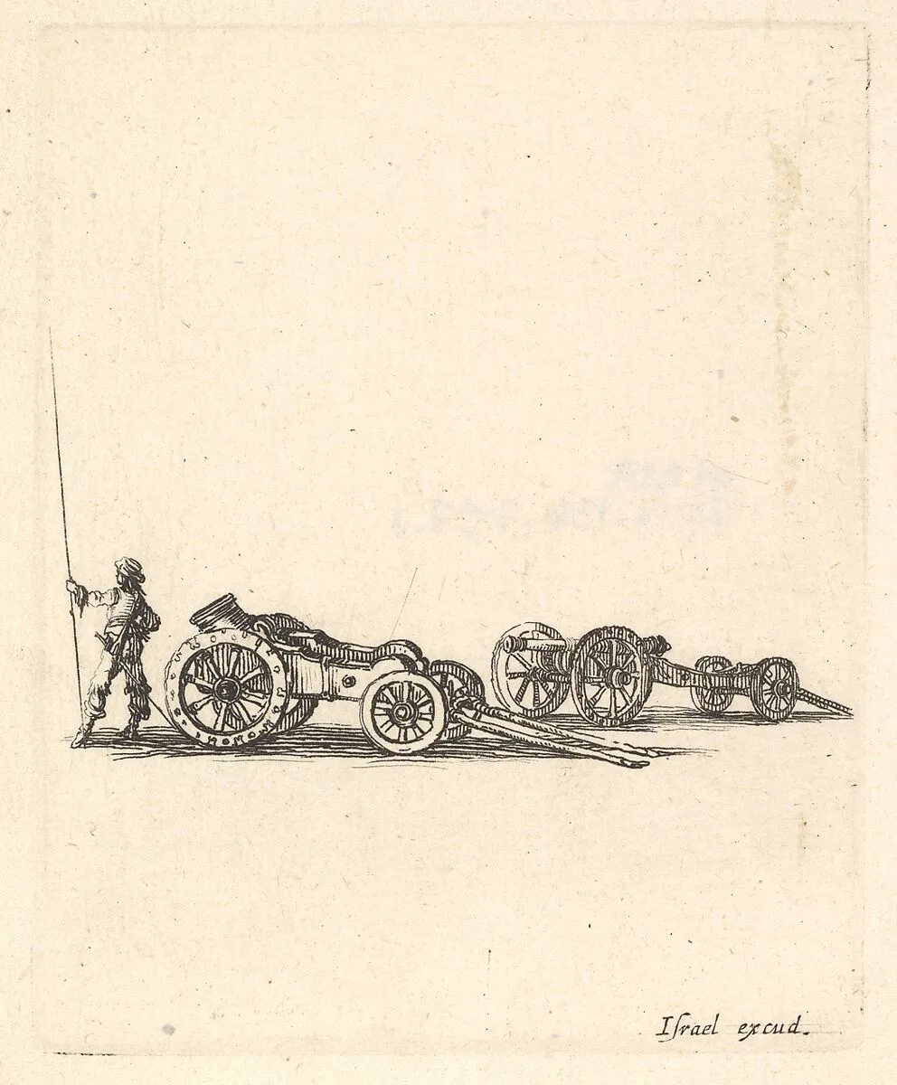 A mortar and a cannon, both mounted on carriages, a soldier shown from the back stands to the left, from 'Equipment needed for Fortification' (Recueil de diverses pièces très nécessaires à la fortification) — Stefano della Bella|Israël Henriet