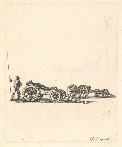 A mortar and a cannon, both mounted on carriages, a soldier shown from the back stands to the left, from 'Equipment needed for Fortification' (Recueil de diverses pièces très nécessaires à la fortification)