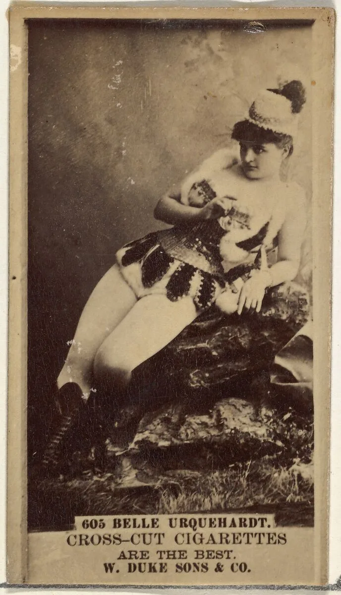 Card Number 605, Belle Urquehardt, from the Actors and Actresses series (N145-3) issued by Duke Sons & Co. to promote Cross Cut Cigarettes — W. Duke, Sons & Co.