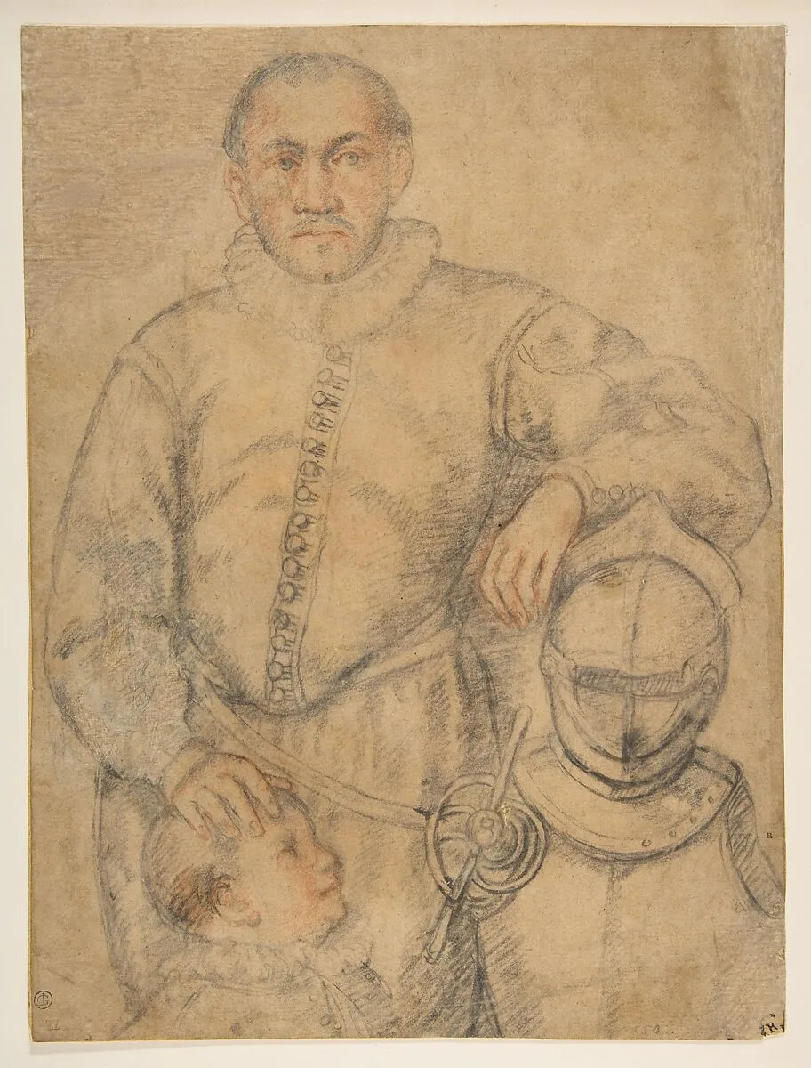 Half-Length Study of a Man Standing in Frontal View, Leaning on Armor and Accompanied by a Boy — Federico Zuccaro (Zuccari)