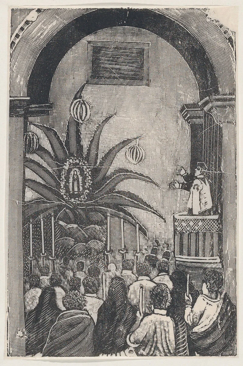 A priest conducting mass from a balcony, an image of the Virgin of Guadalupe set in palm tree — José Guadalupe Posada