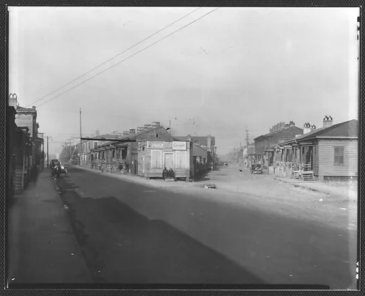 [Fork in Road with Two Rows of Wooden Houses and People on Corner, Savannah or Augusta, Georgia]