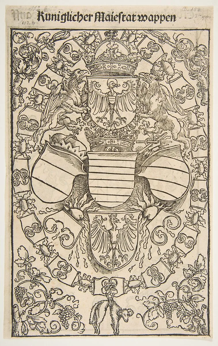 Recto: Coat of Arms of Maximilian I as King of the Romans; verso: Coat of Arms of Florian Waldauf von Waldenstein, from The Revelations of Saint Bridget — Dürer-School|Anton Koberger
