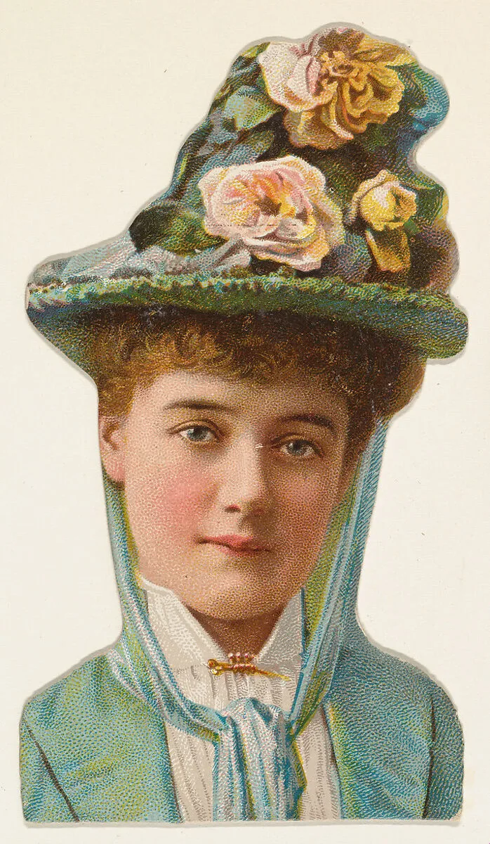 Actress wearing blue hat with flowers, from Stars of the Stage, Fourth Series (N132) issued by Duke Sons & Co. to promote Honest Long Cut Tobacco — American Tobacco Company|W. Duke, Sons & Co.