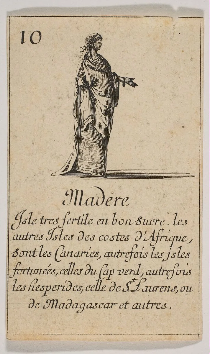 Madere, from "Jeu de la Géographie" — Stefano della Bella|Jean Desmarets de Saint-Sorlin|Henri Le Gras|Louis XIV, King of France|Cardinal Jules Mazarin