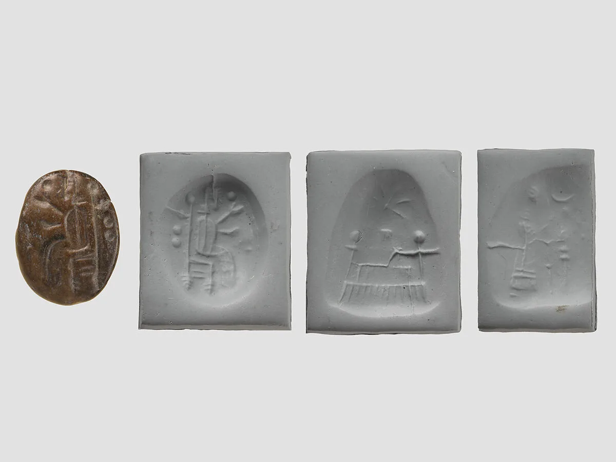 Stamp seal (oval conoid) with cultic scene, deity, and divine symbols — Unknown