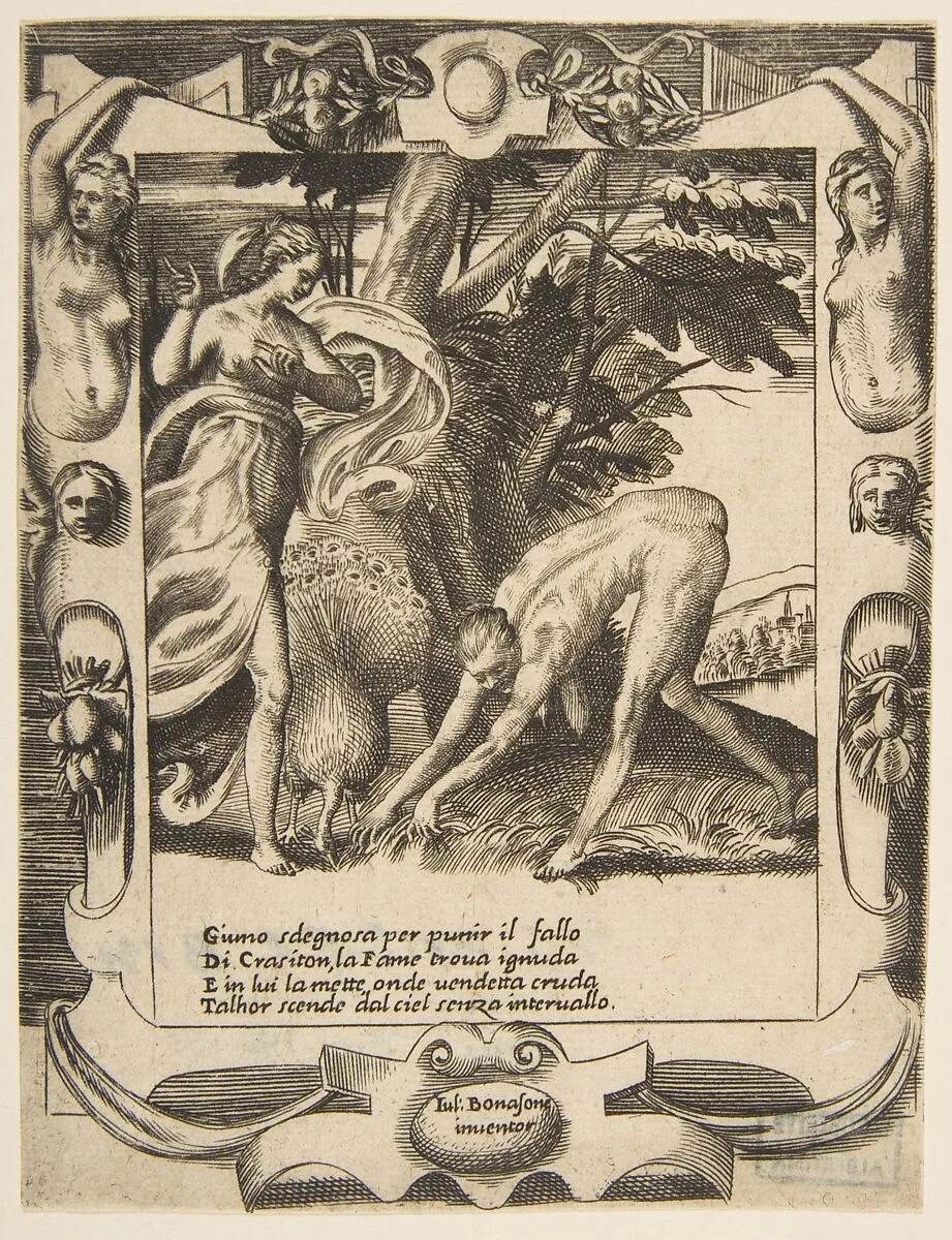 Juno sending famine against Crasiton, set within an elaborate frame, from "Loves, Rages and Jealousies of Juno" — Giulio Bonasone