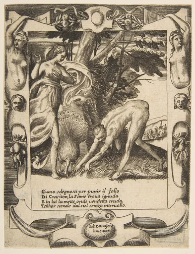 Juno sending famine against Crasiton, set within an elaborate frame, from "Loves, Rages and Jealousies of Juno"