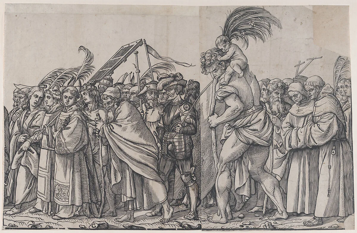 Section H: Saint Christopher carrying the Christ Child, from "The Triumph of Christ" — Andrea Andreani|Titian (Tiziano Vecellio)|Callisto Ferranti