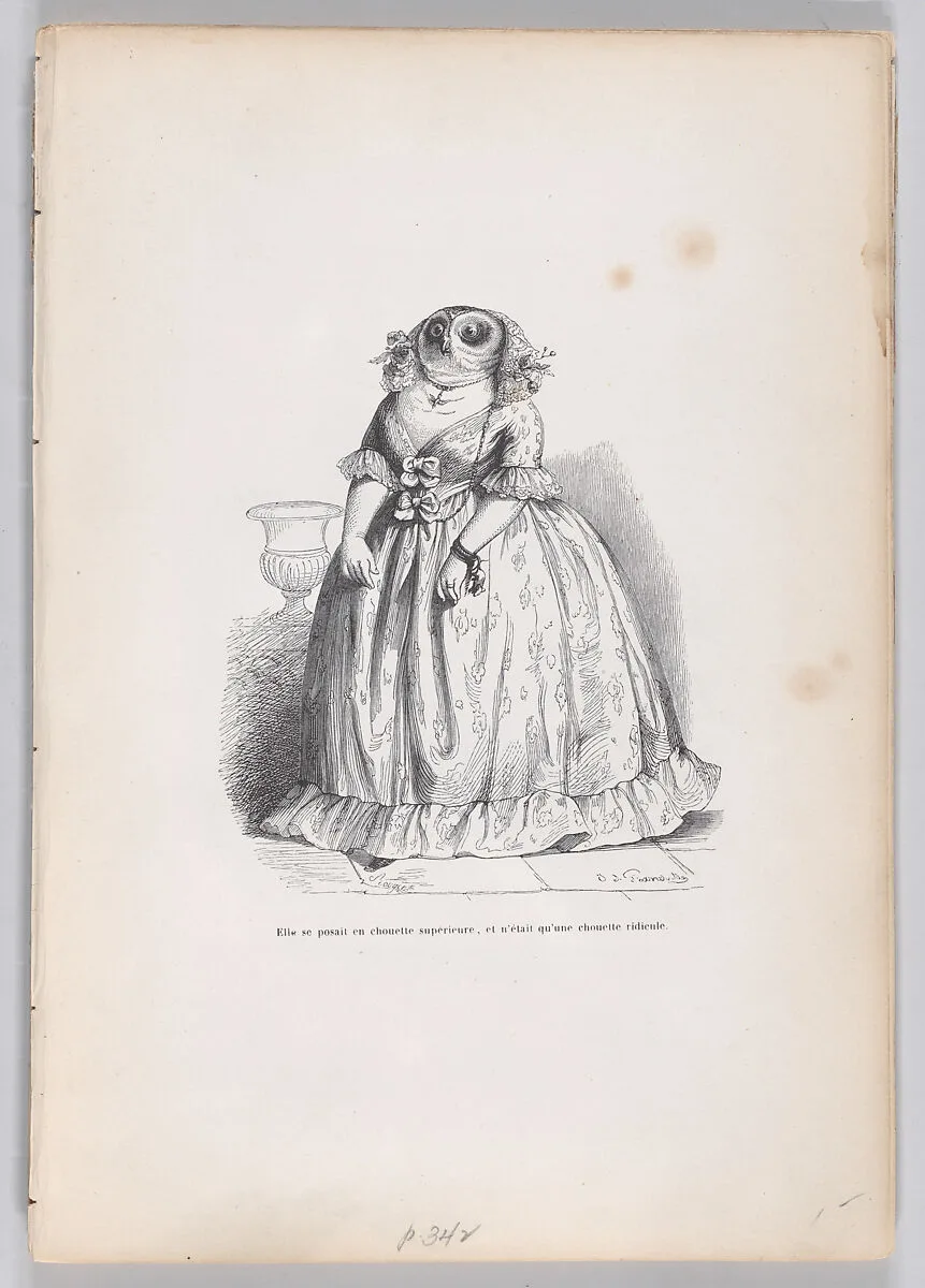 "She posed herself as a superior owl, and was just a ridiculous owl" from Scenes from the Private and Public Life of Animals — Honoré de Balzac|François Rouget|J. J. Grandville