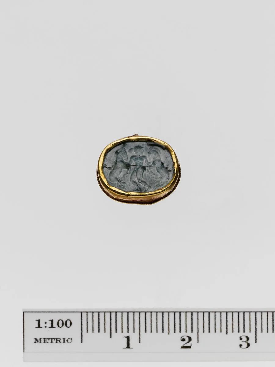 Plasma scaraboid seal set in a gold band — Unknown