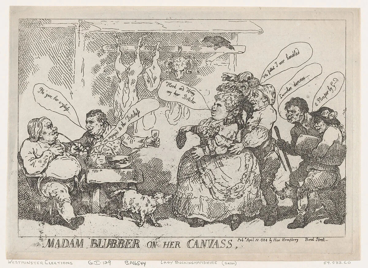Madam Blubber On Her Canvass — Hannah Humphrey|Samuel Hood, 1st Viscount Hood|Georgiana, Duchess of Devonshire|Thomas Rowlandson|Sir Cecil Wray