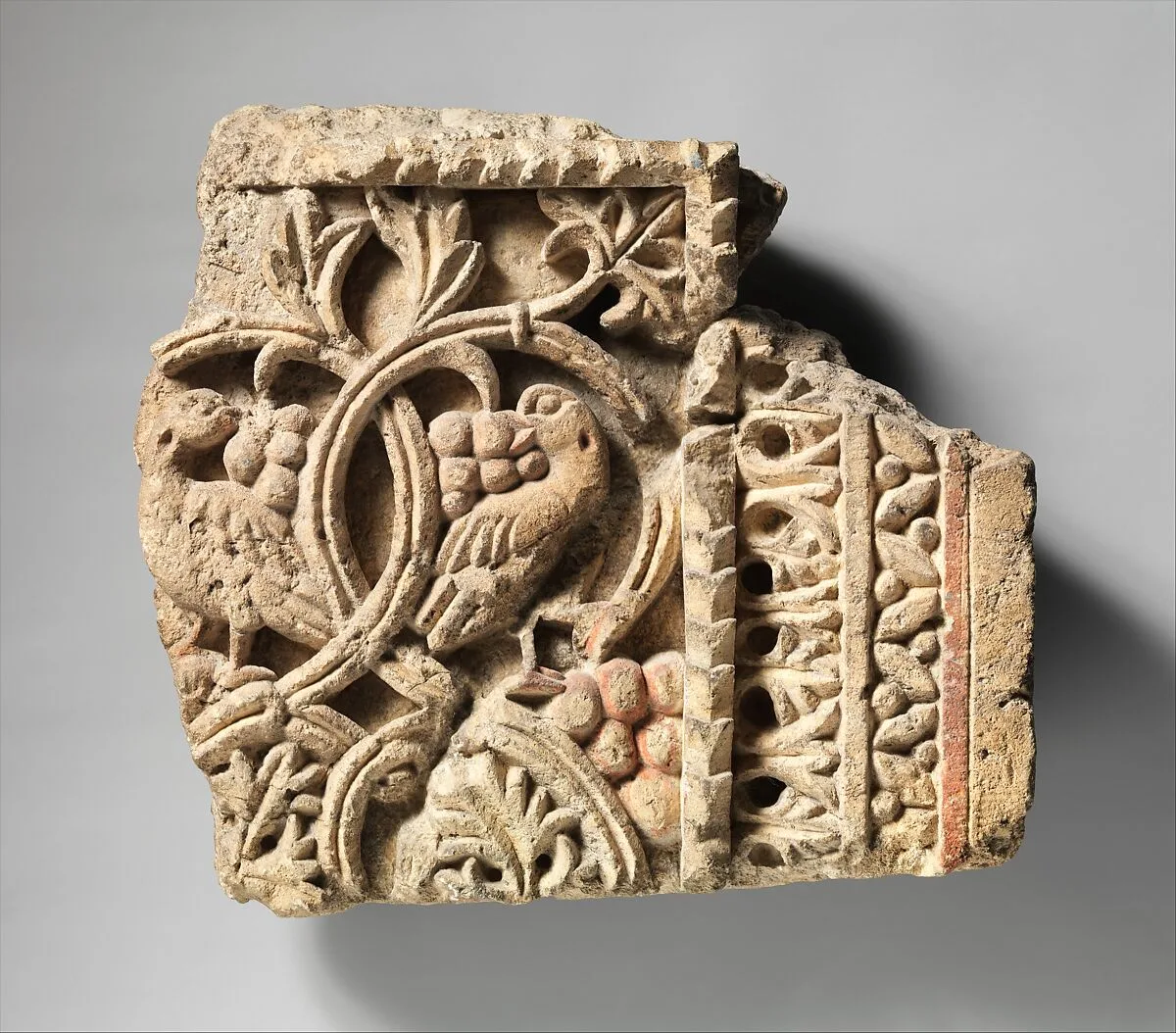 Fragment from a Two-Sided Sanctuary Screen with Birds Eating Grapes — Unknown