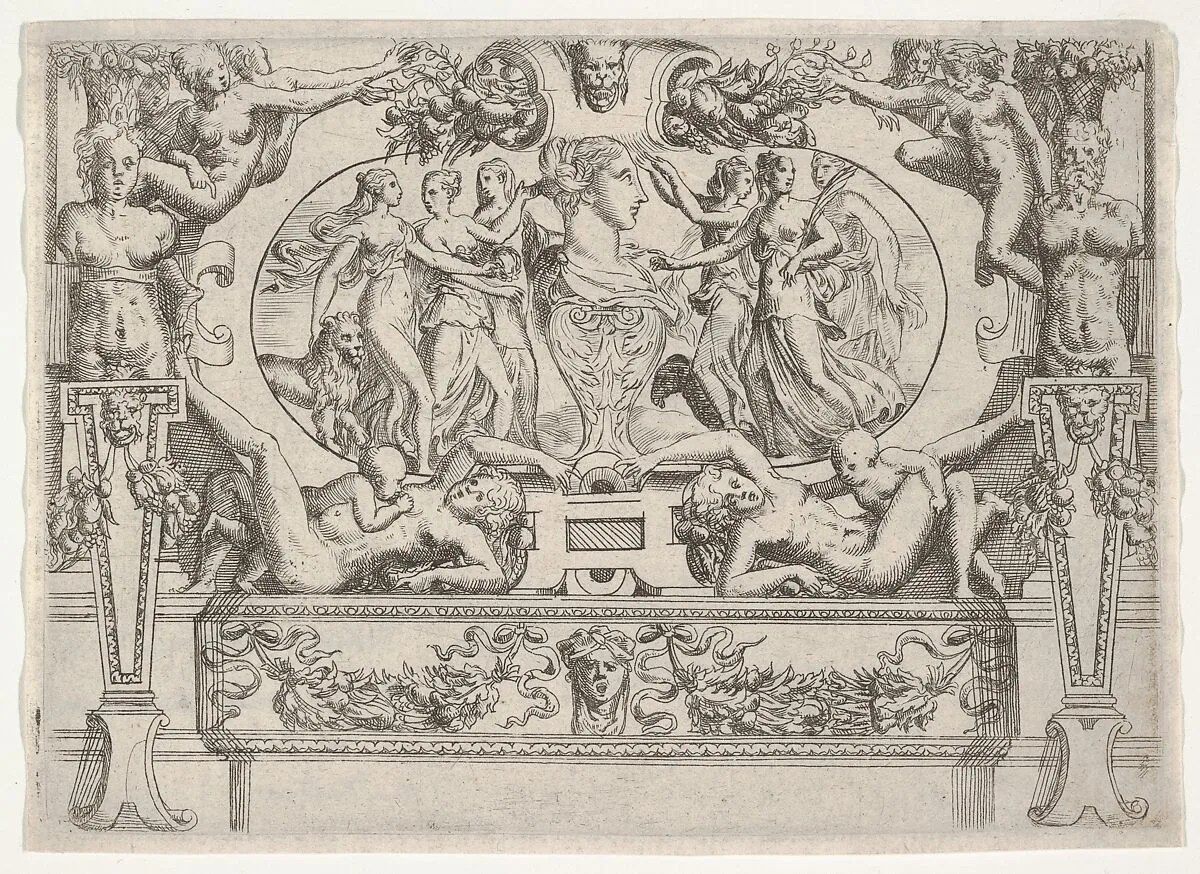 Bust of a woman flanked by three women on each side, set within an elaborate frame — Battista Angolo del Moro|Andrea Schiavone (Andrea Meldola)|Jacques Androuet Du Cerceau