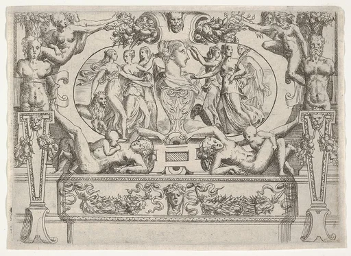Bust of a woman flanked by three women on each side, set within an elaborate frame