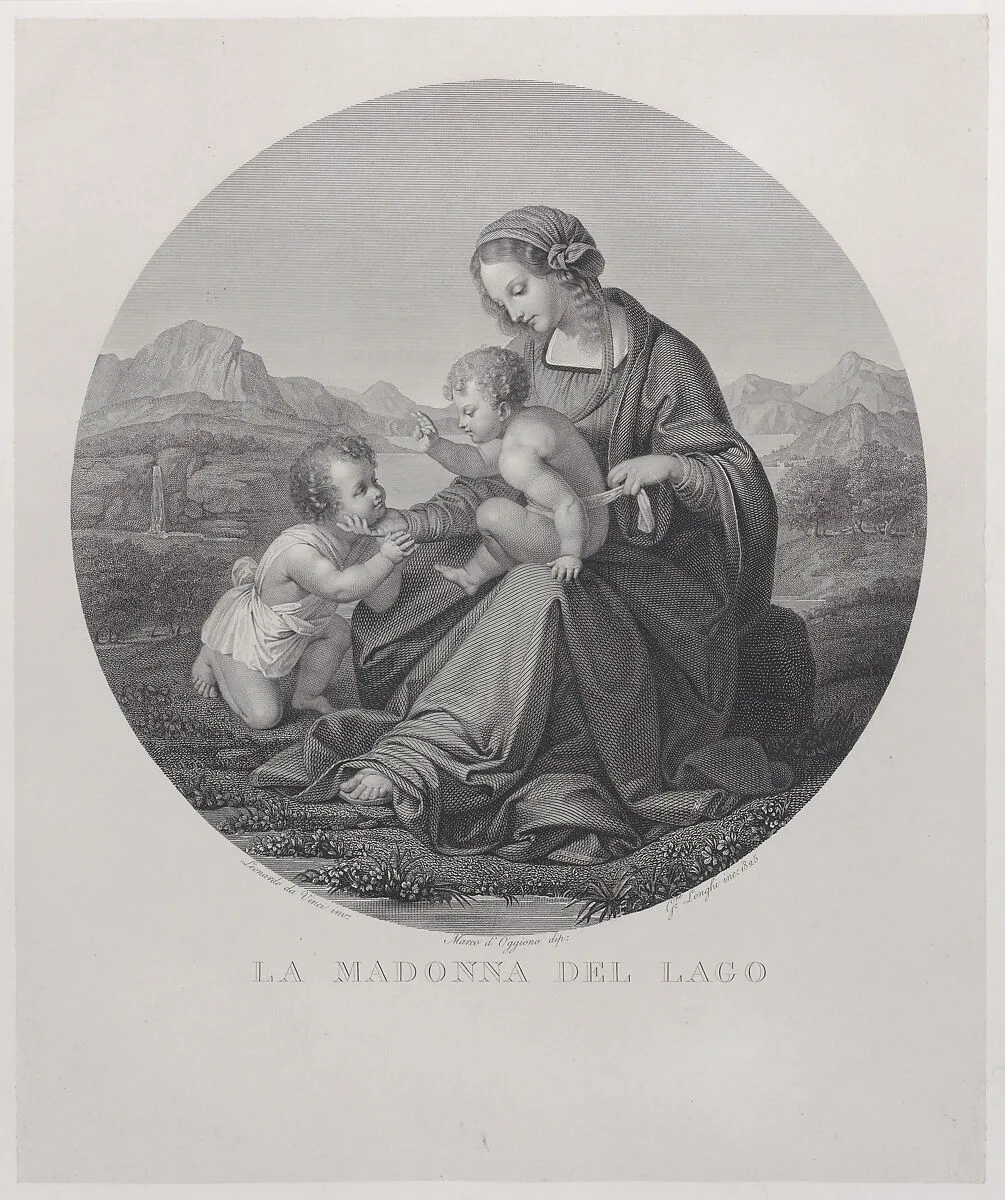 Virgin and Child with the infant Saint John the Baptist, before a landscape, in a tondo (La Madonna del Lago) — Marco d'Oggiono|Leonardo da Vinci|Giuseppe Longhi